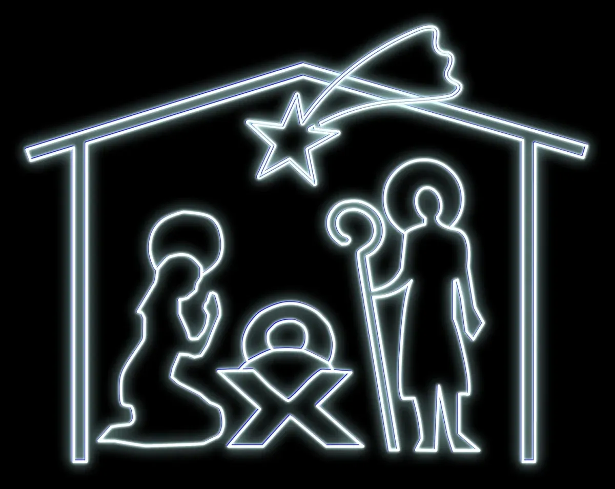 Crèche Easy Fix 2D LED, Père Noël, Marie et Joseph dans l'étable avec comète, 250 × 400 cm, blanc glacier, sur pied, aluminium