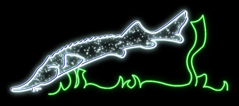 Esturgeon 2D LED light, 195 × 75 cm, debout, impression 3D