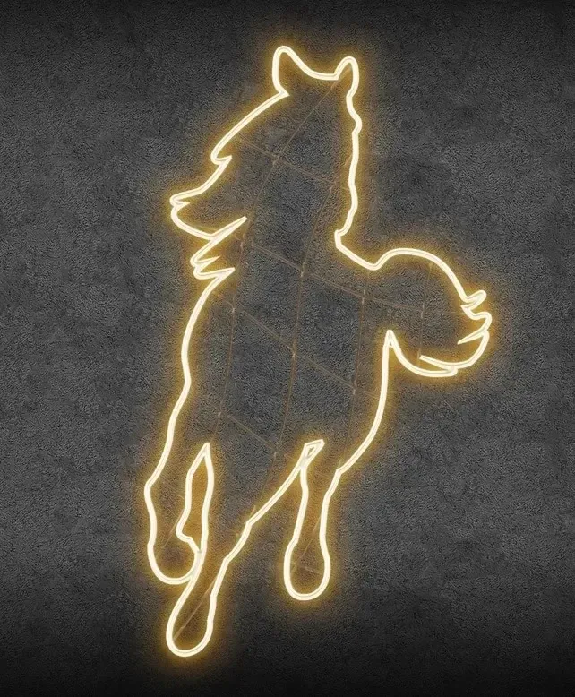 Cheval lumineux 2D LED, 85 × 147 cm, blanc chaud, debout, aluminium