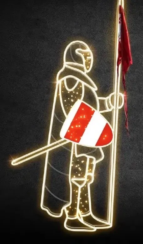 Eco Fix 2D LED lumière chevalier VI, bouclier dans la main droite, 245 × 110 cm, blanc chaud, debout, impression 3D