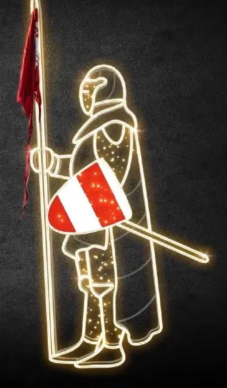Eco Fix 2D LED Light Knight VII, bouclier dans la main gauche, 245 × 110 cm, blanc chaud, debout, impression 3D