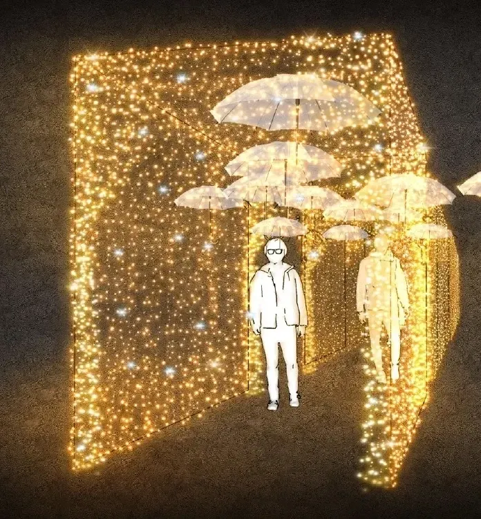 Tunnel lumineux LED 3D avec parapluies, 210 x 300 x 400 cm, blanc chaud avec Flash, 36 V, 53,7 W, 54 kg, composé de 8 pièces