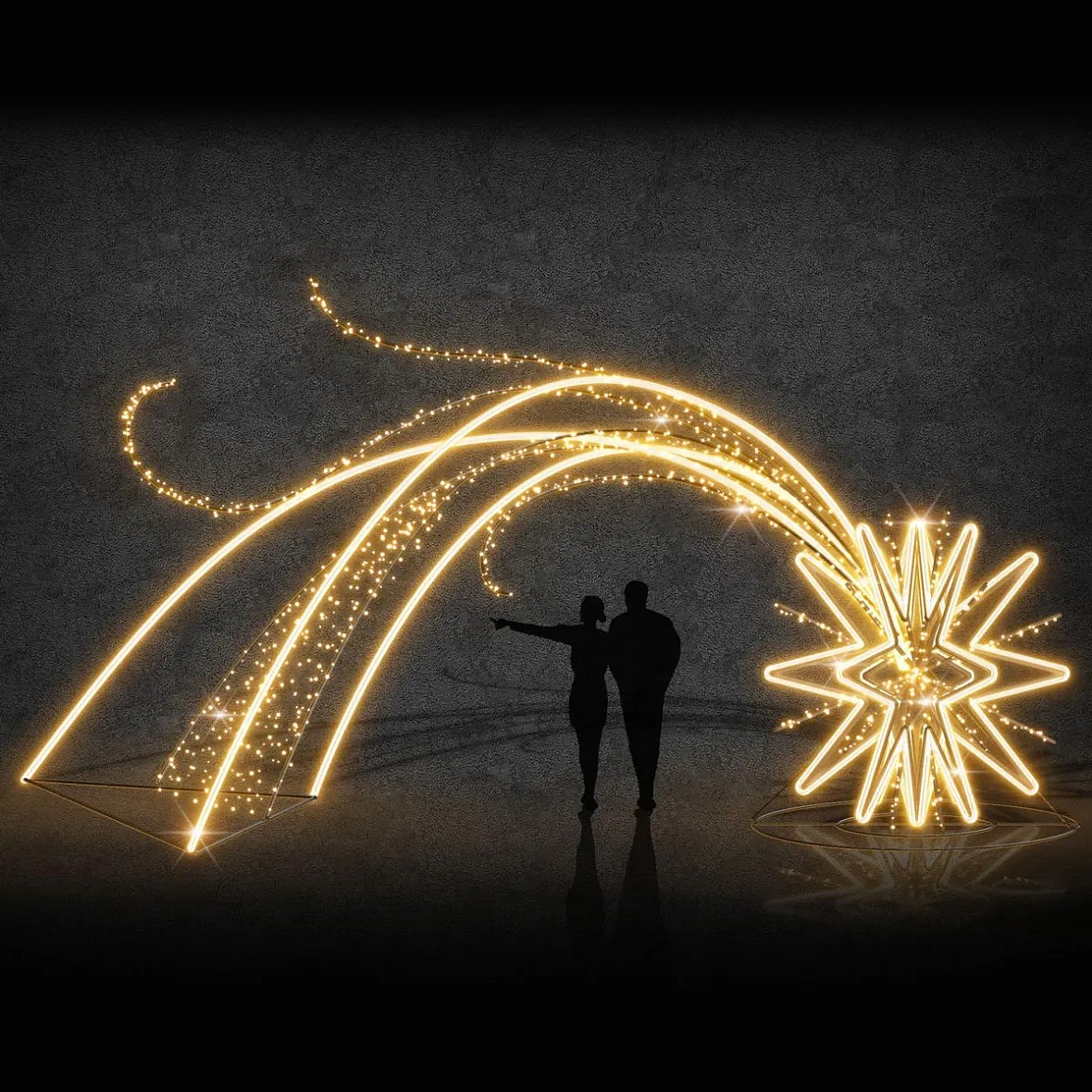 Eco Fix Lumière comète LED 3D, 800 × 400 × 200 cm, blanc chaud, sur pied, aluminium