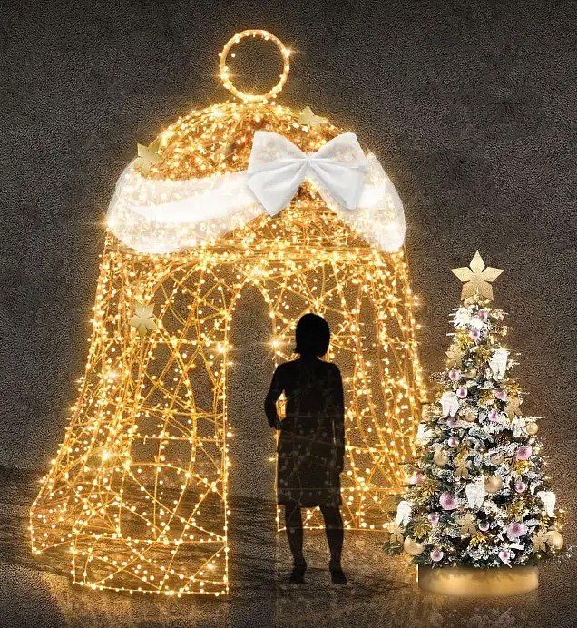 Cloche lumineuse 3D LED, 350 cm, dorée, blanc chaud avec cristal, composée de 6 parties, noeud blanc, sur pied