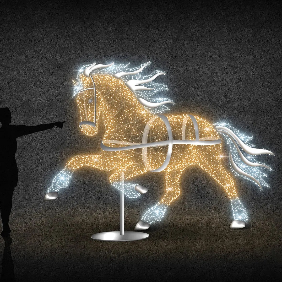 Cheval lumineux 3D LED, 310 × 230 × 80 cm, blanc chaud et glacé, 36 V, 46 W, 45 kg, 3 pièces