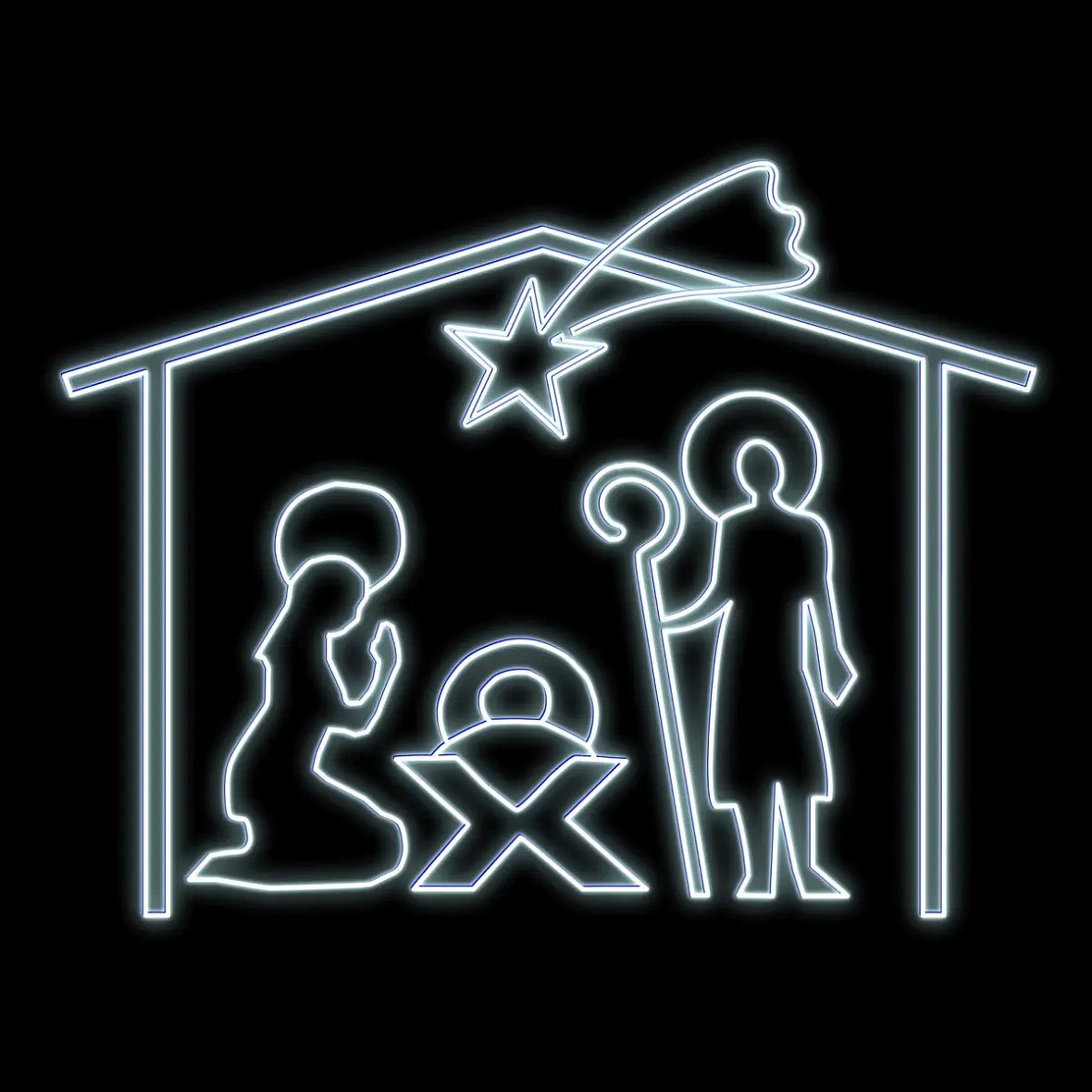 Easy Fix Crèche illuminée 2D LED, Père Noël, Marie et Joseph dans l'étable, extérieur, 162 × 172 × 40 cm, blanc glacier, à suspendre