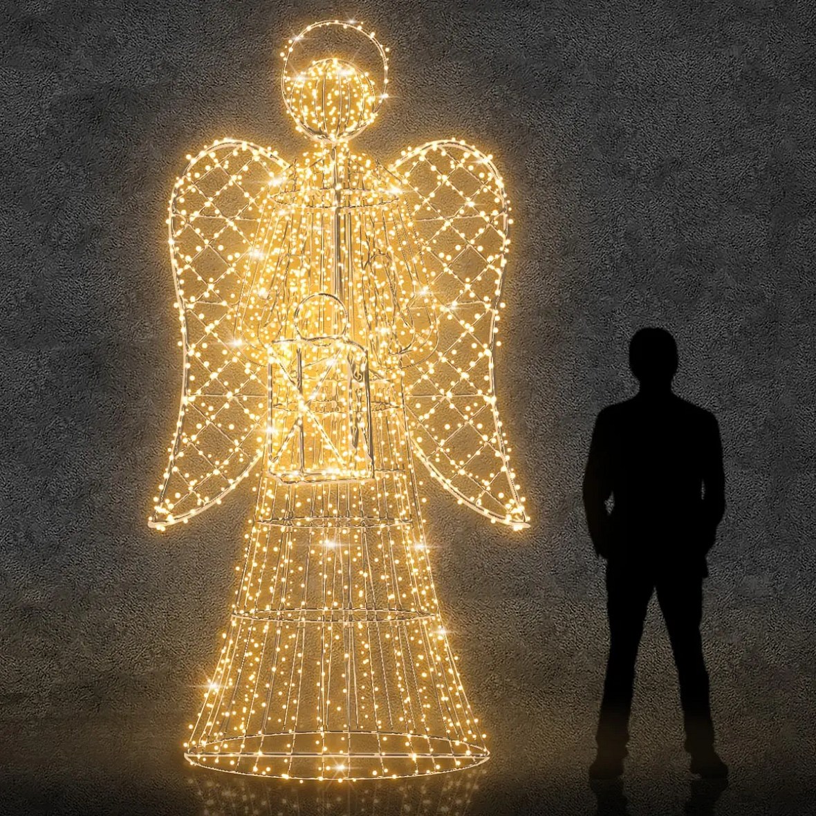 Ange lumineux 3D LED avec lanterne, 300 cm, avec cristaux, blanc chaud, aluminium