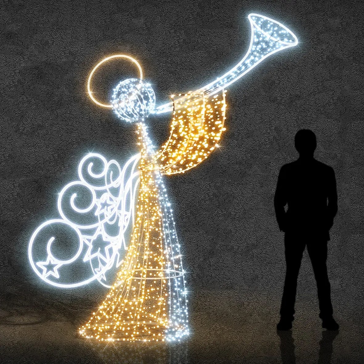 Eco Fix Ange lumineux 3D LED avec trompette, 280 cm, blanc chaud et glacé, aluminium
