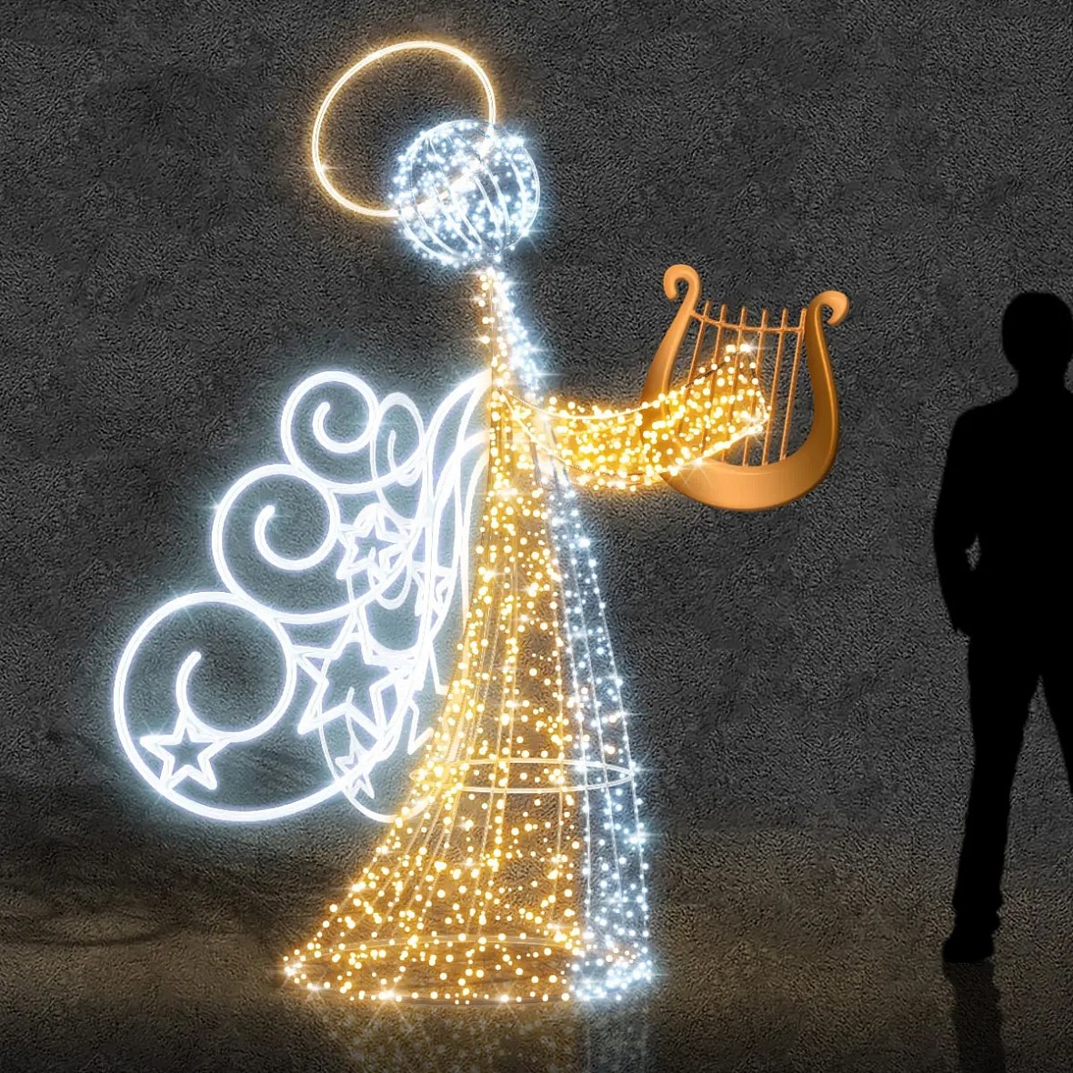 Easy Fix Ange lumineux 3D LED avec harpe, 250 cm, blanc chaud et glacé, aluminium