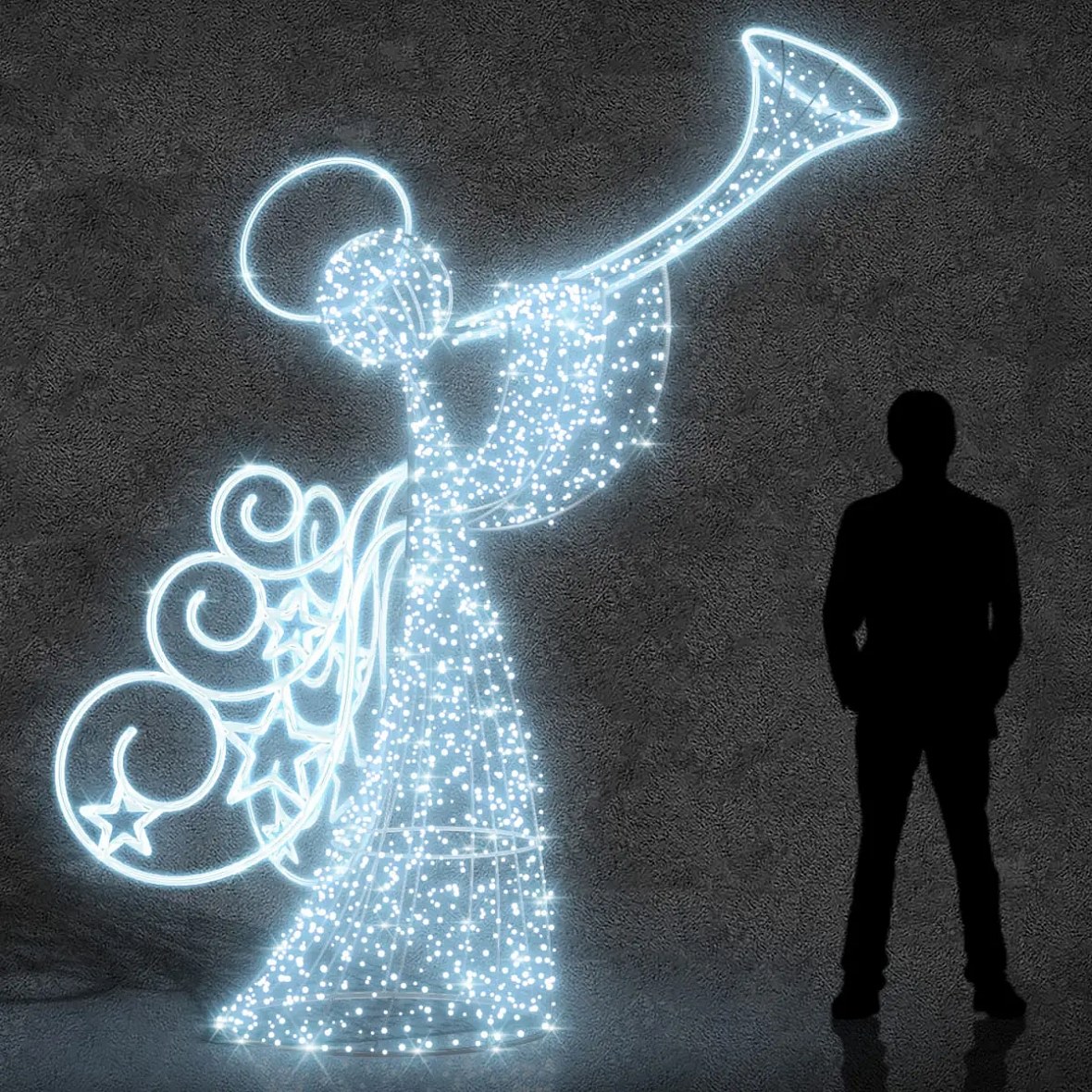 Easy Fix Ange lumineux 3D LED avec trompette, 280 cm, blanc glacier, aluminium