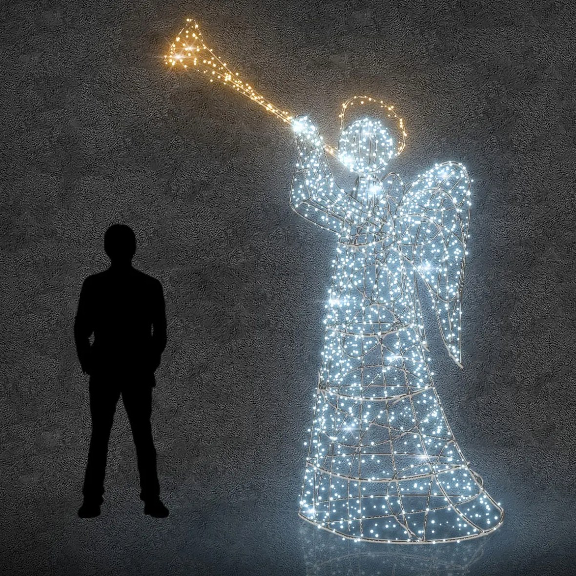 Ange lumineux 3D LED avec trompette, 290 cm, blanc chaud et glacé
