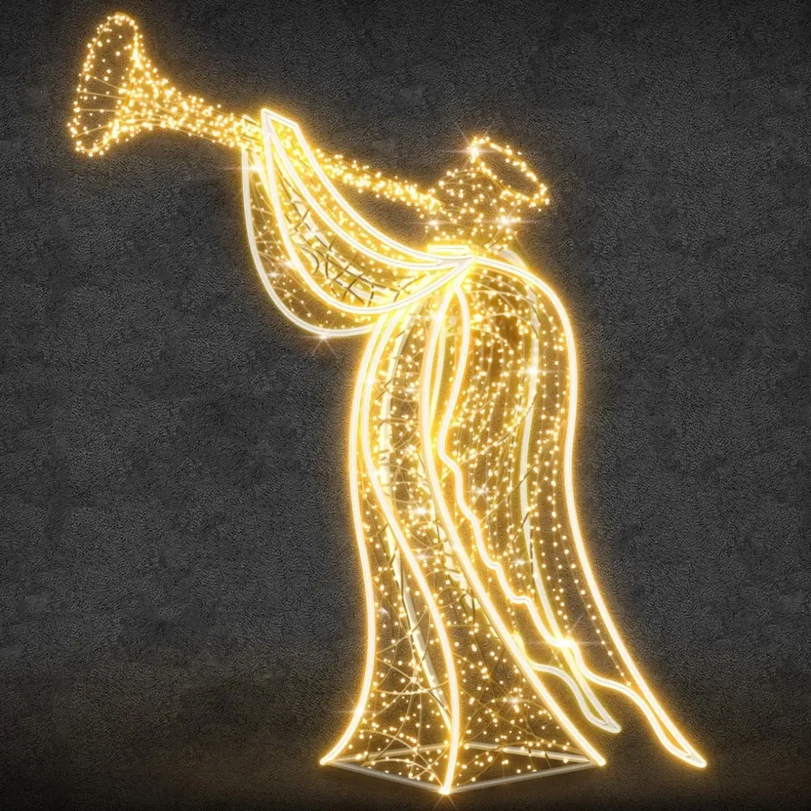 Ange lumineux 3D LED avec trompette, 165 × 280 × 70 cm, blanc chaud, 36 V, 62 W, 30,6 kg, composé de 5 pièces