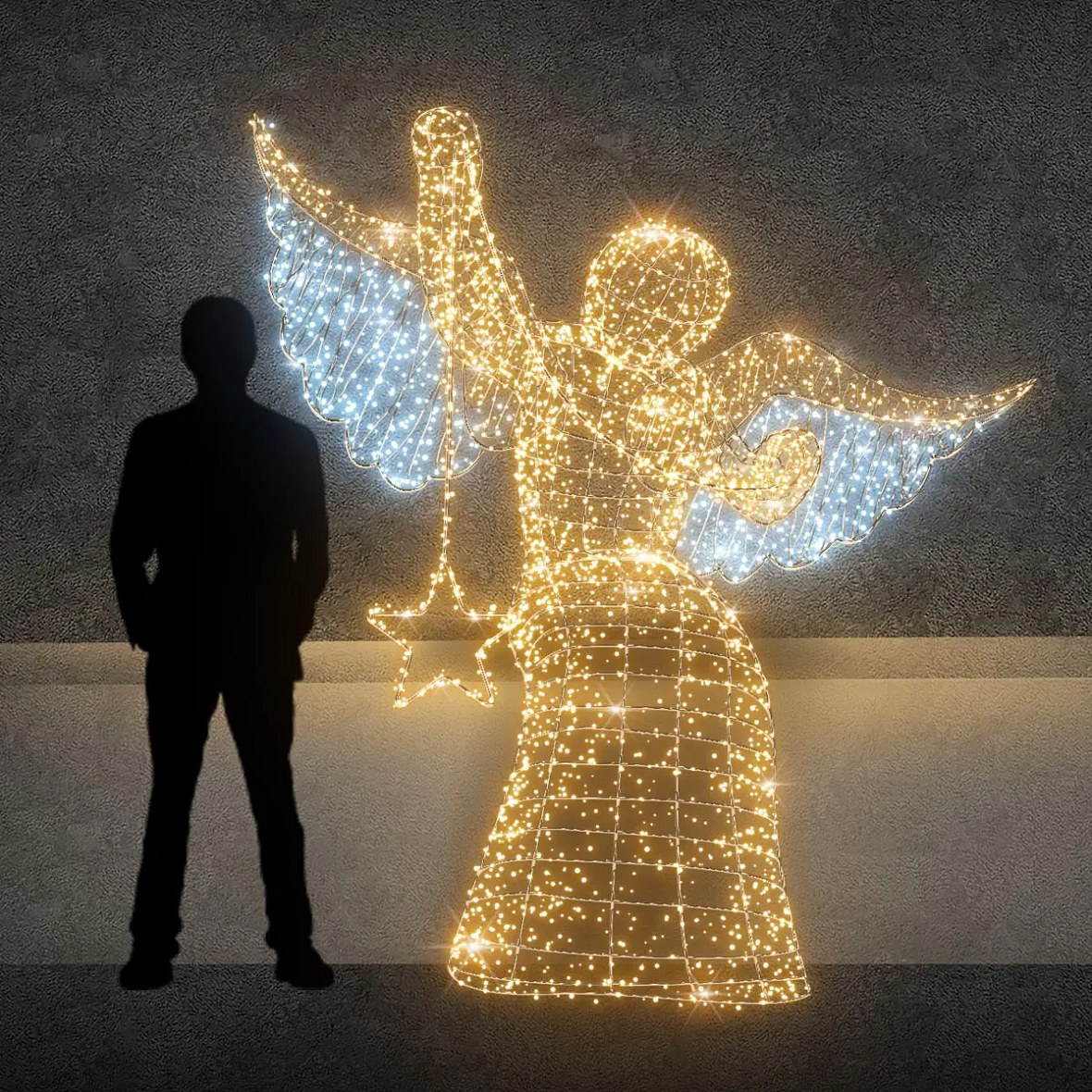 Ange lumineux 3D LED assis avec étoile, 230 cm, blanc chaud et glacé