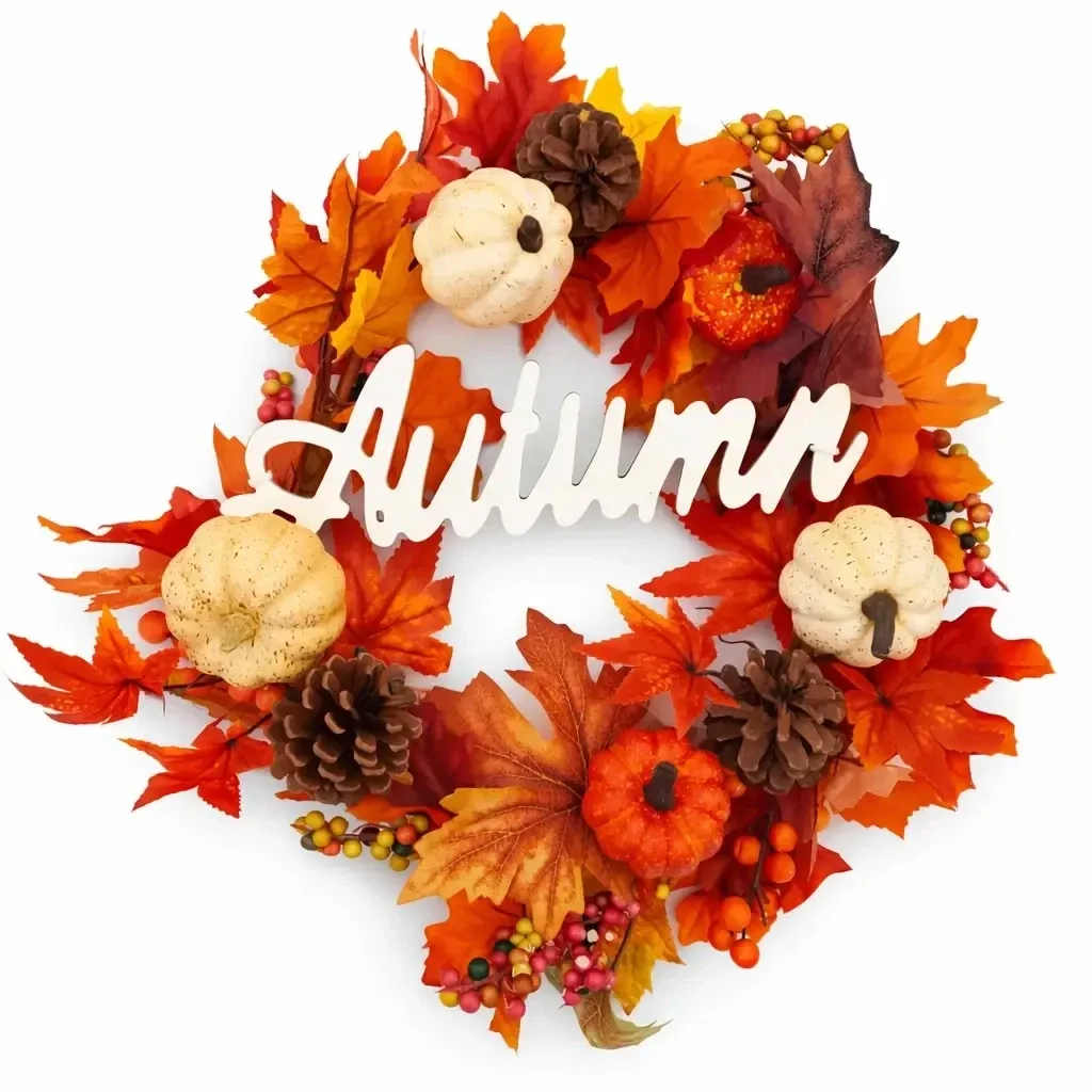 Couronne de porte d'automne 48 cm, plastique et fil de fer, IP44, extérieur