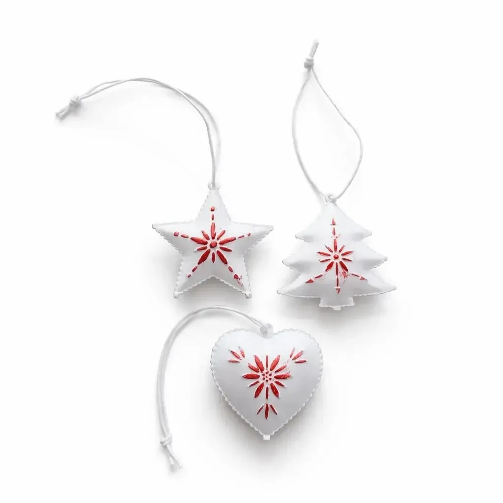 Set de boules de Noël en métal de 5 cm, avec patine, 3 types, blanc et rouge, paquet de 12 pièces
