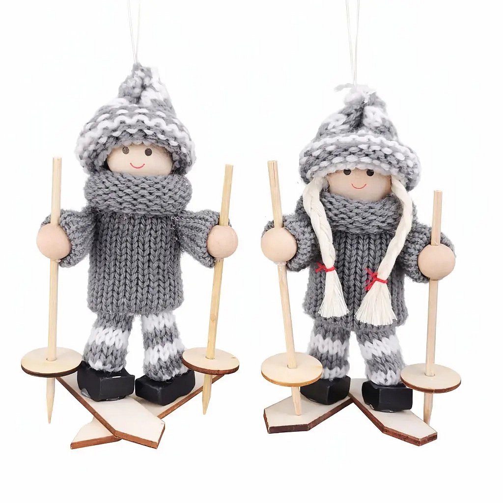 Ornement de sapin de Noël en bois skieur et skieuse, 13,5 × 7,5 cm, fil, suspension