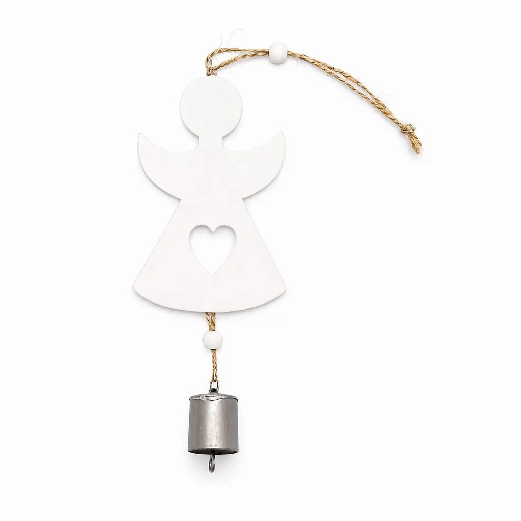 Ornement de Noël en bois ange 12 × 8 cm avec cloche 3 cm, à suspendre, blanc