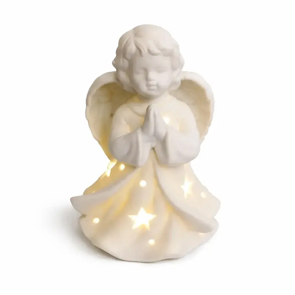 Ange priant LED en céramique 9,3 × 7,6 × 14,9 cm, blanc chaud, 2× LR44