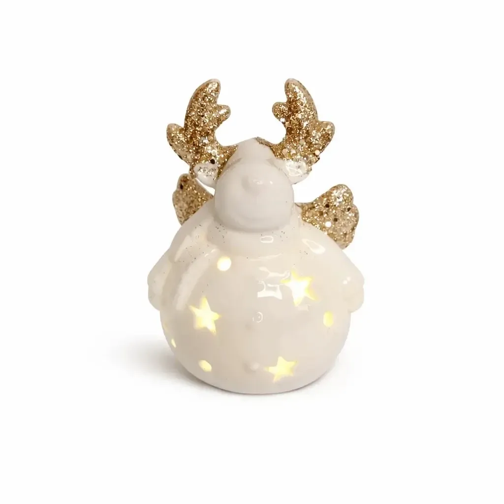 Décoration LED de renne en céramique, 7,3 × 6,5 × 9,3 cm, blanc chaud, 2× LR44