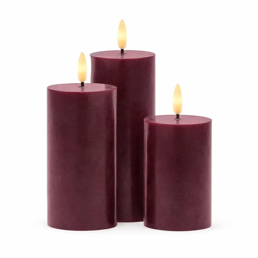 Bougies LED en cire véritable rechargeables « Bordeaux », lot de 3, hauteur 10/12,5/15 cm, diamètre 7,5 cm, couleur bordeaux, sans socle
