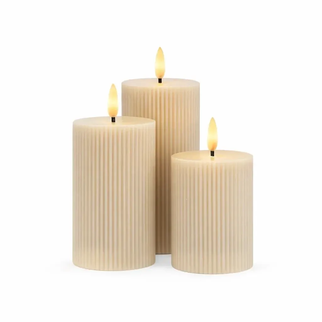 Bougies LED rechargeables Smilla en cire véritable, lot de 3, hauteur 10/12,5/15 cm, ø 7,5 cm, grises, sans socle