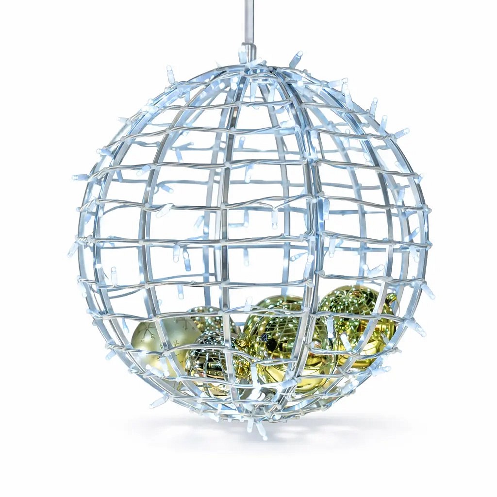 Boule lumineuse 3D LED pour le jardin, 40 cm de diamètre, blanc glacé, câble blanc, IP67, aluminium, Easy fix