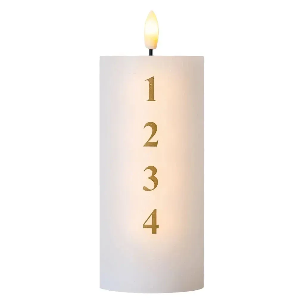 Bougie de cire LED à piles Sille Advent avec chiffres, Ø 7 × 15 cm, blanc/doré