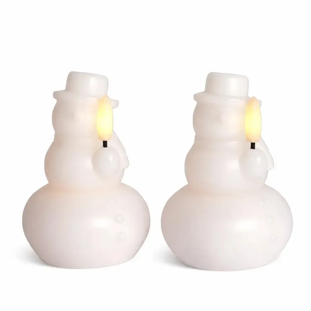 Bougie LED en cire véritable fonctionnant à piles, bonhomme de neige, blanche, lot de 2, ø 7 × 10 cm, CR2032