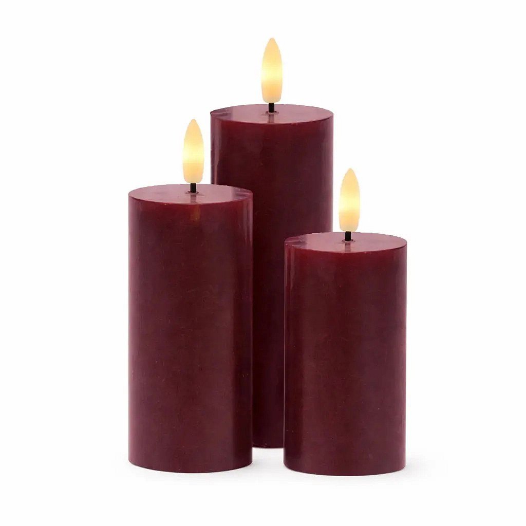 Bougies LED en cire véritable rechargeables « Bordeaux », lot de 3, hauteur 10/12,5/15 cm, ø 5 cm, couleur bordeaux, sans socle