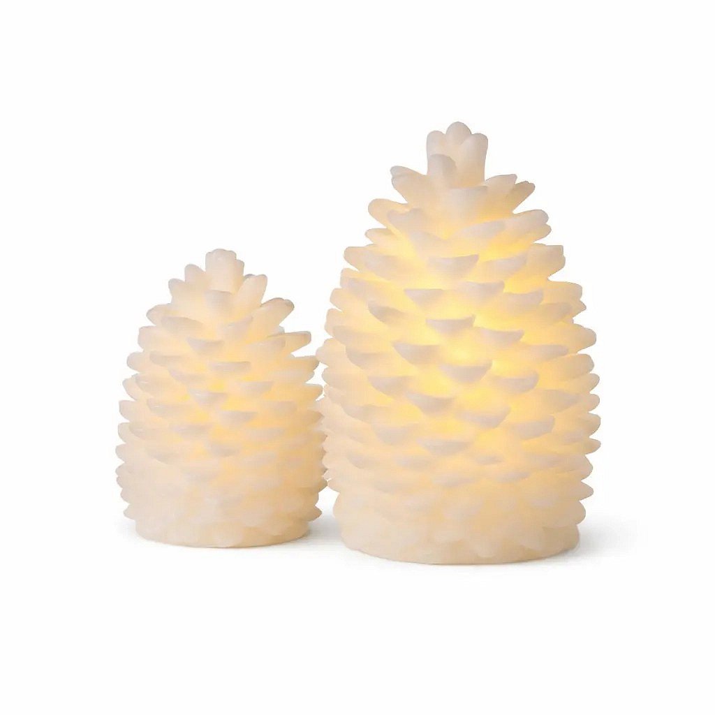 Lot de 2 bougies LED en cire véritable fonctionnant à piles, en forme de pommes de pin, ø 10 × 13 cm et ø 14 × 18,5 cm, blanches, piles CR2032 et AA