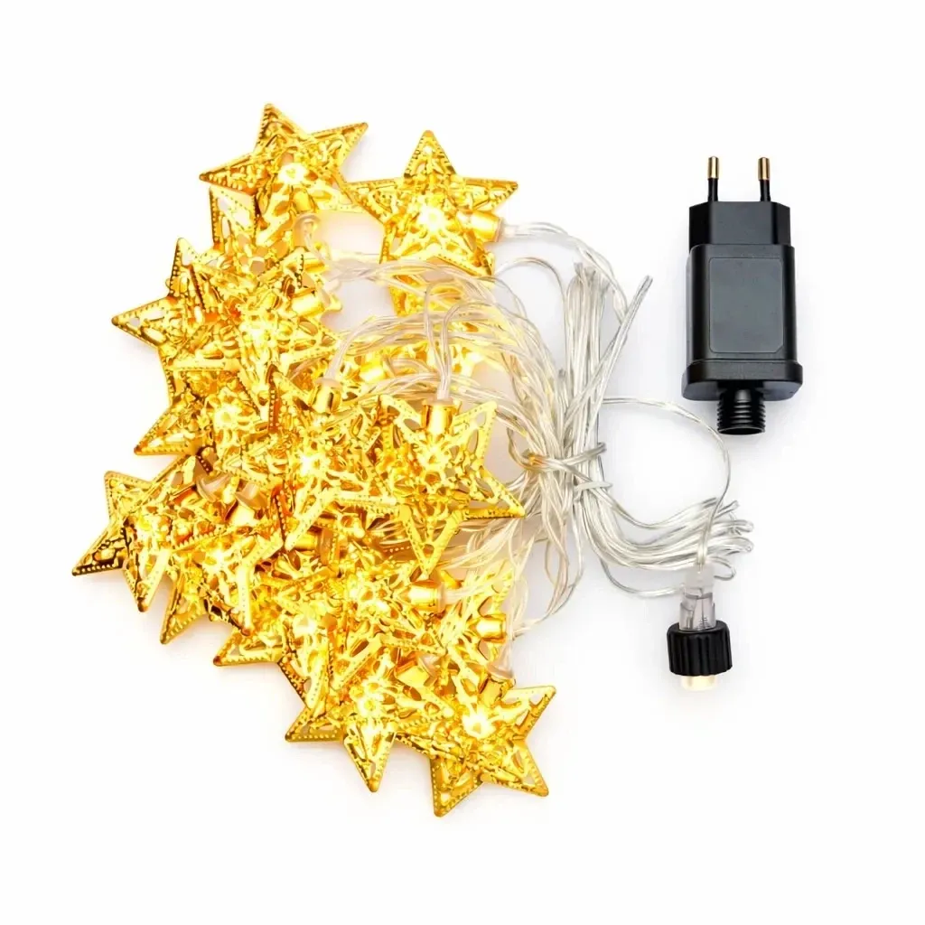Guirlande lumineuse LED, étoiles en métal, 7 m, d'intérieur, blanc chaud, 20 LED, câble transparent, IP20, bloc d'alimentation inclus