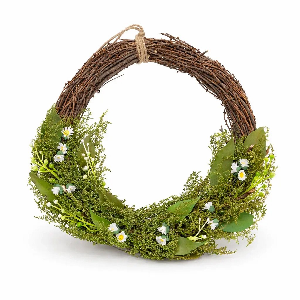 Couronne de porte de Pâques 34 × 31 × 8 cm, osier et brindilles vertes avec petites fleurs, plastique, extérieur