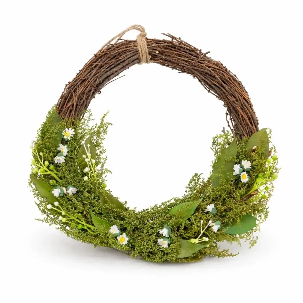 Couronne de porte de Pâques 34 × 31 × 8 cm, osier et brindilles vertes avec petites fleurs, plastique, extérieur