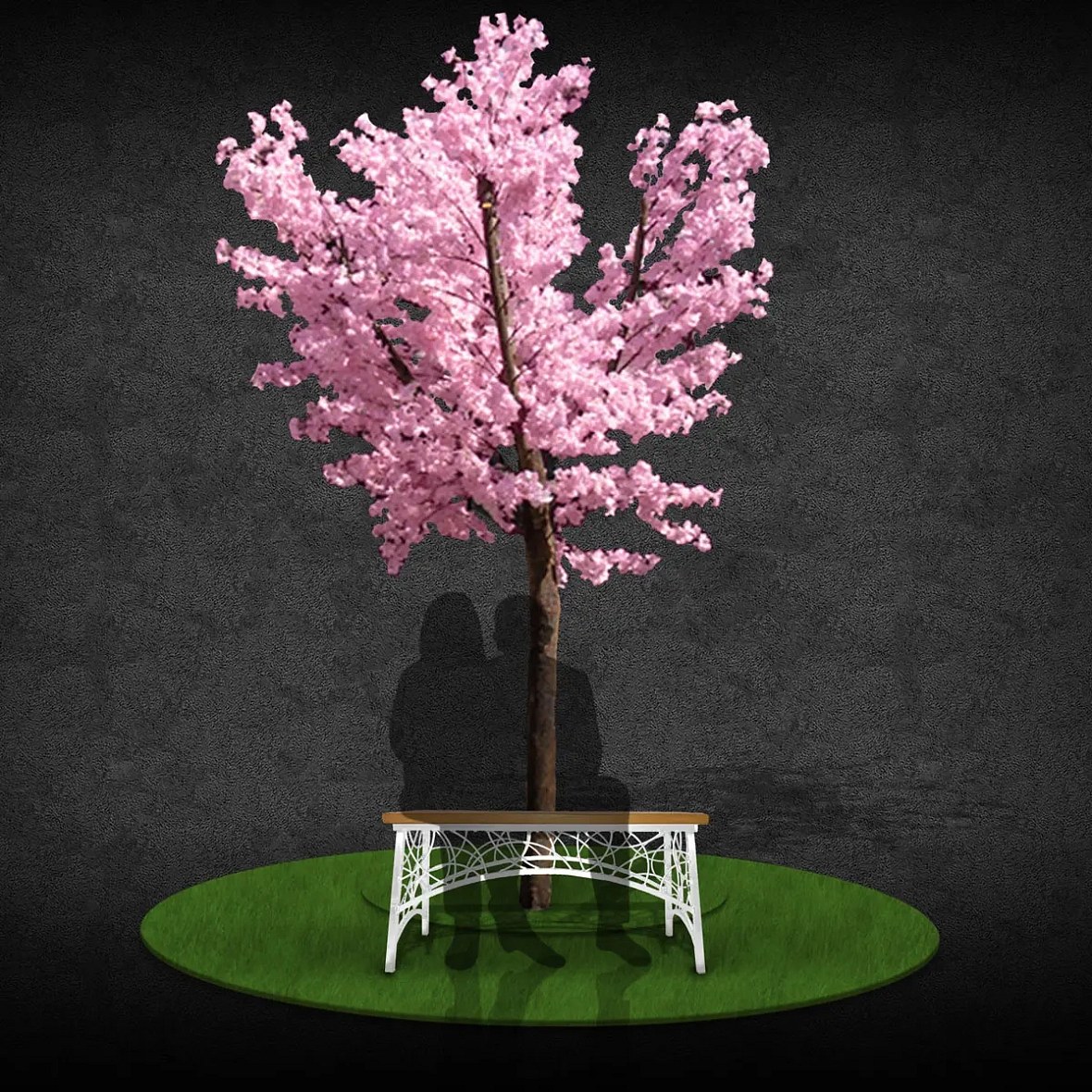 Banc printanier et arbre à fleurs en 3D, 300 cm, non illuminé