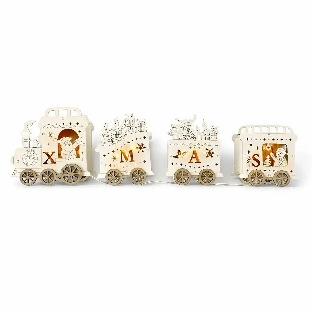 Train LED en bois avec wagons, 39,5 × 7,5 × 13 cm, blanc chaud, 2× AA