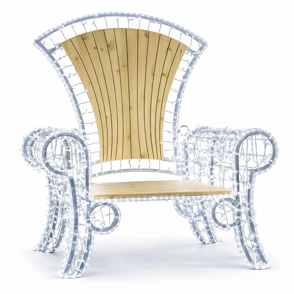 Chaise de Noël 3D LED pour l'extérieur, 120 × 160 × 50 cm, 850 LED, siège en bois, 36 V, IP44