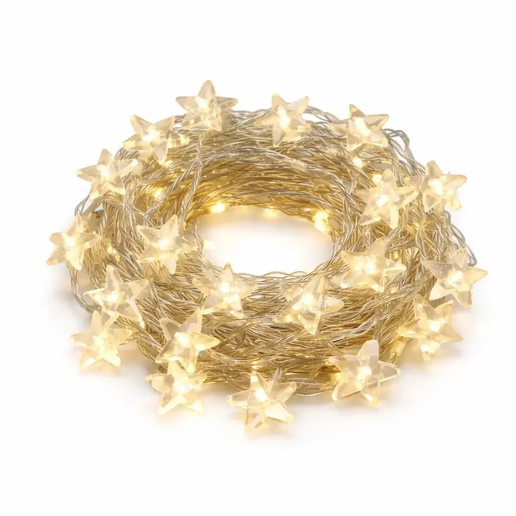 Guirlande décorative LED en forme d'étoiles, 10,5 m, blanc chaud, 70 LED, câble transparent, IP20 (usage intérieur), rallonge