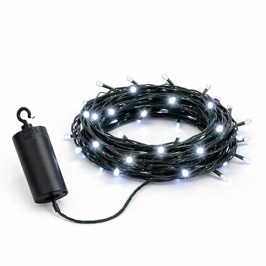 Guirlande lumineuse LED à piles, d'extérieur, 5,2 m, blanc glacé, câble vert foncé, IP44, 4 × AA