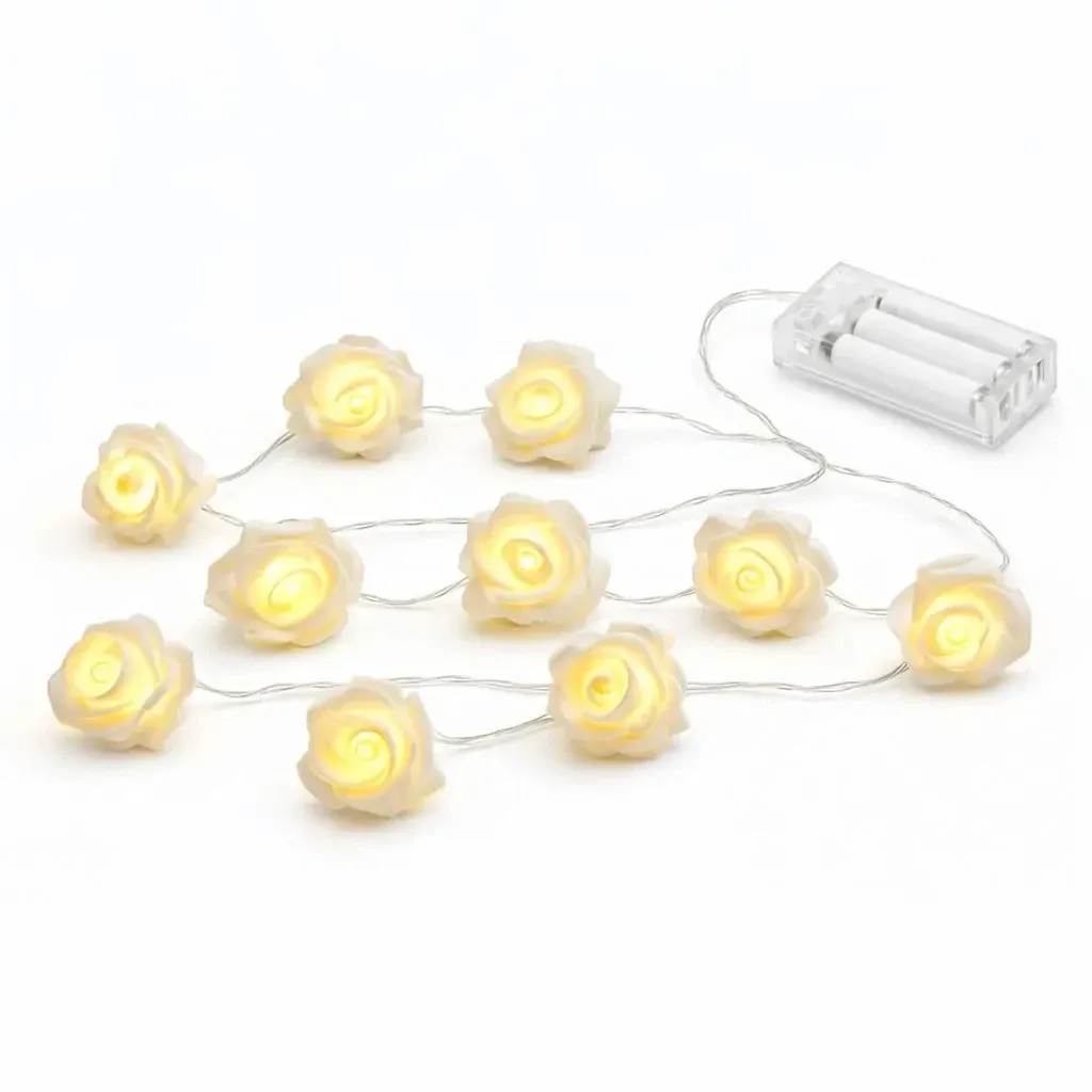 Guirlande lumineuse LED à piles, motif roses, 1,8 m, blanc chaud, 10 LED, câble transparent, IP20 (intérieur), 2 piles AA