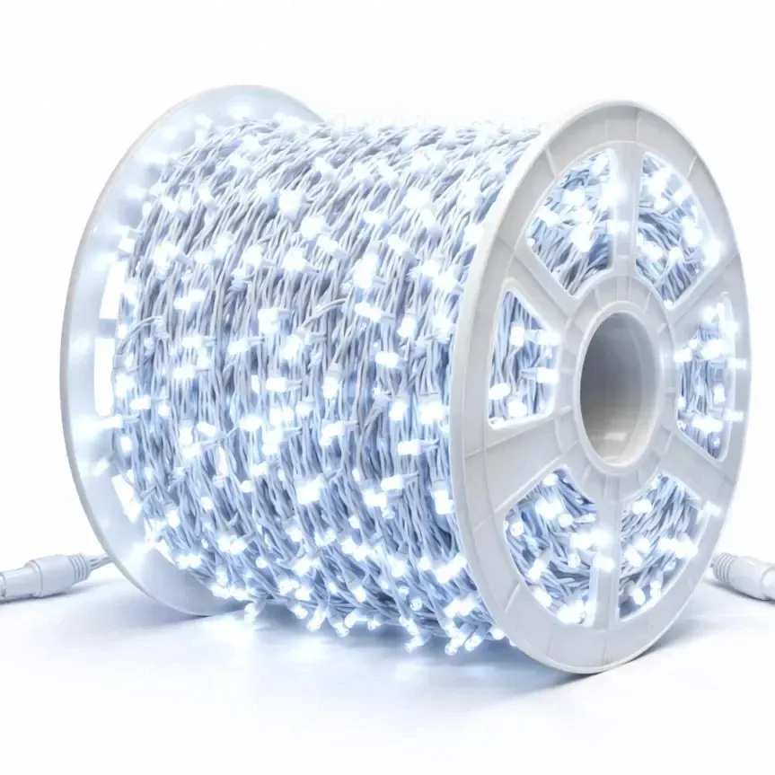 Production - Easy Fix Chaîne lumineuse à LED 100 m extérieur blanc glacé, 2000 diodes, câble blanc IP44, bobine