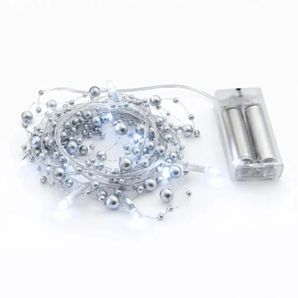 Guirlande lumineuse LED à piles, perles argentées, 1,3 m, blanc glacé, 10 LED, câble transparent, IP20 (intérieur), 2 × AA