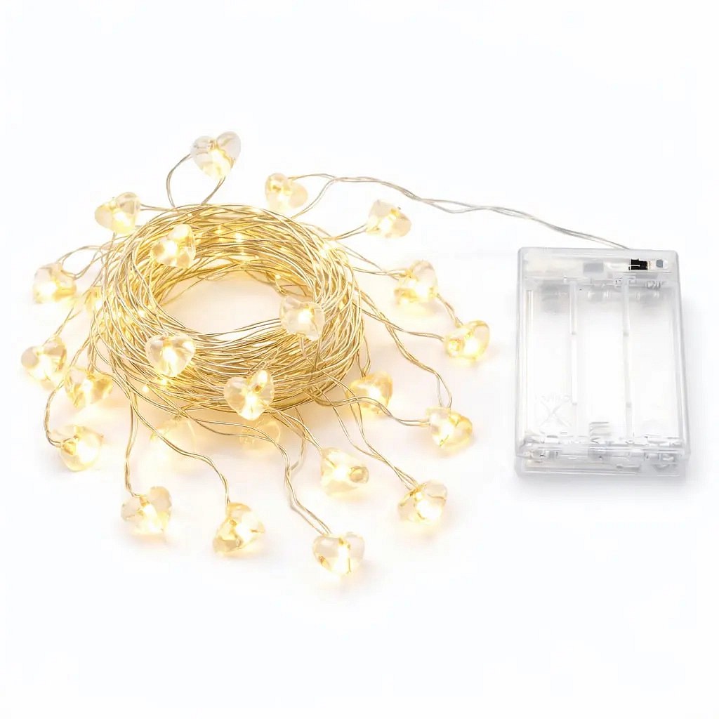 Ampoules LED à piles avec cœurs 2,3 m blanc chaud, 20 LED, câble transparent IP20 intérieur, 3× AA