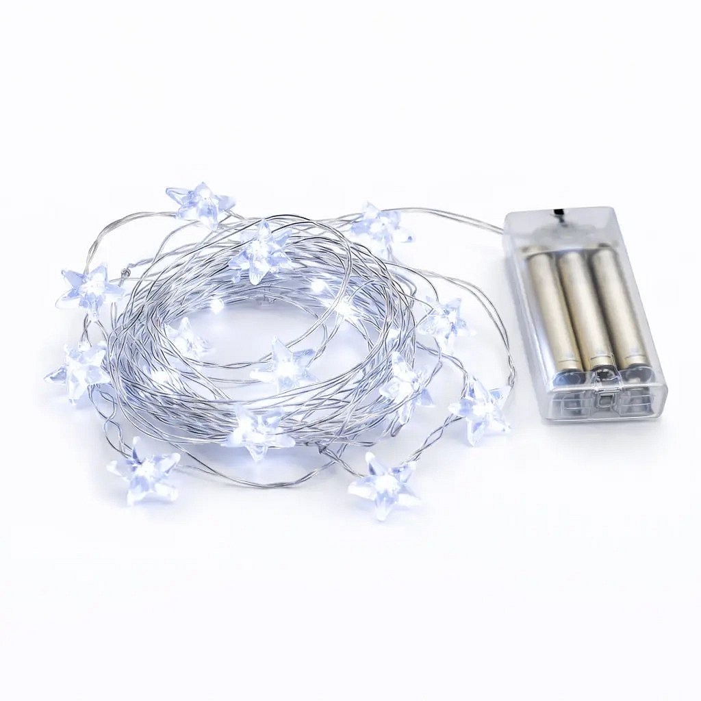 Guirlande lumineuse LED à piles, étoiles, 2,3 m, blanc glacé, 20 LED, fil, IP20 (intérieur), 3 piles AA