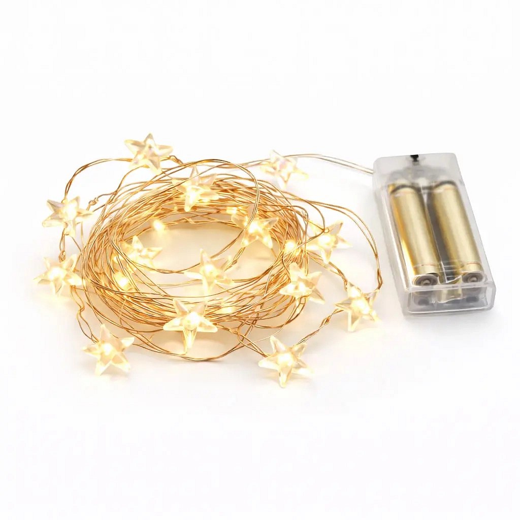 Guirlande lumineuse LED à piles, étoiles, 3,4 m, blanc chaud, 40 LED, fil de couleur cuivre, IP20 (intérieur), 3 × AA