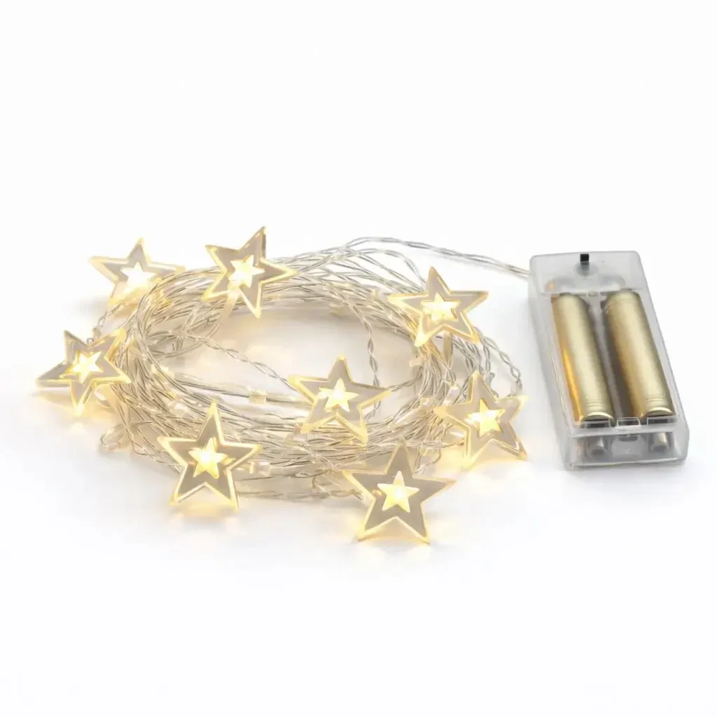 Guirlande lumineuse LED à piles, étoiles en acrylique, 1,5 m, blanc chaud, 10 LED, câble transparent, IP20 (intérieur), 2 piles AA