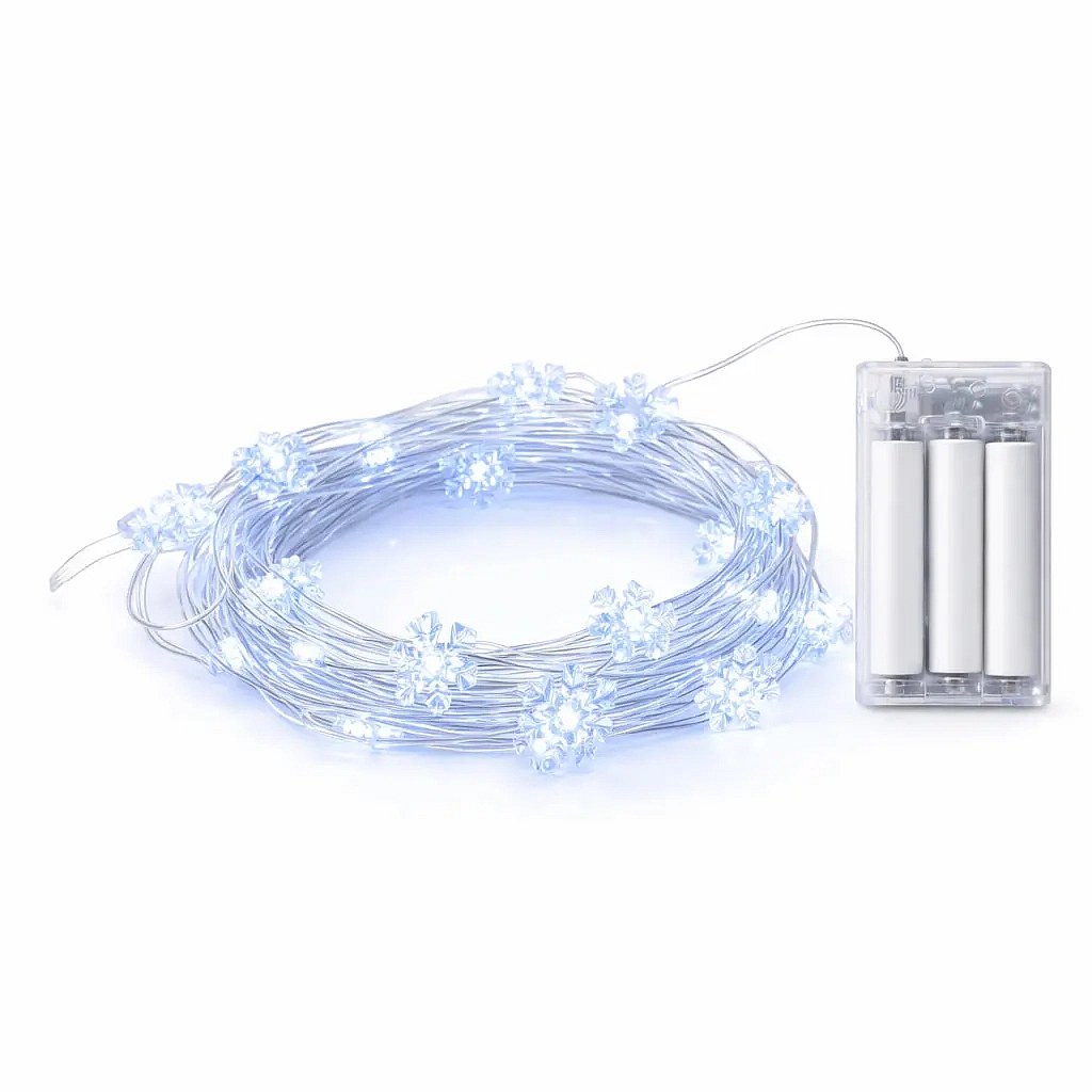 Guirlande lumineuse LED à piles, flocons, 2,3 m, blanc glacé, 20 LED, câble transparent, IP20 (intérieur), 3 piles AA