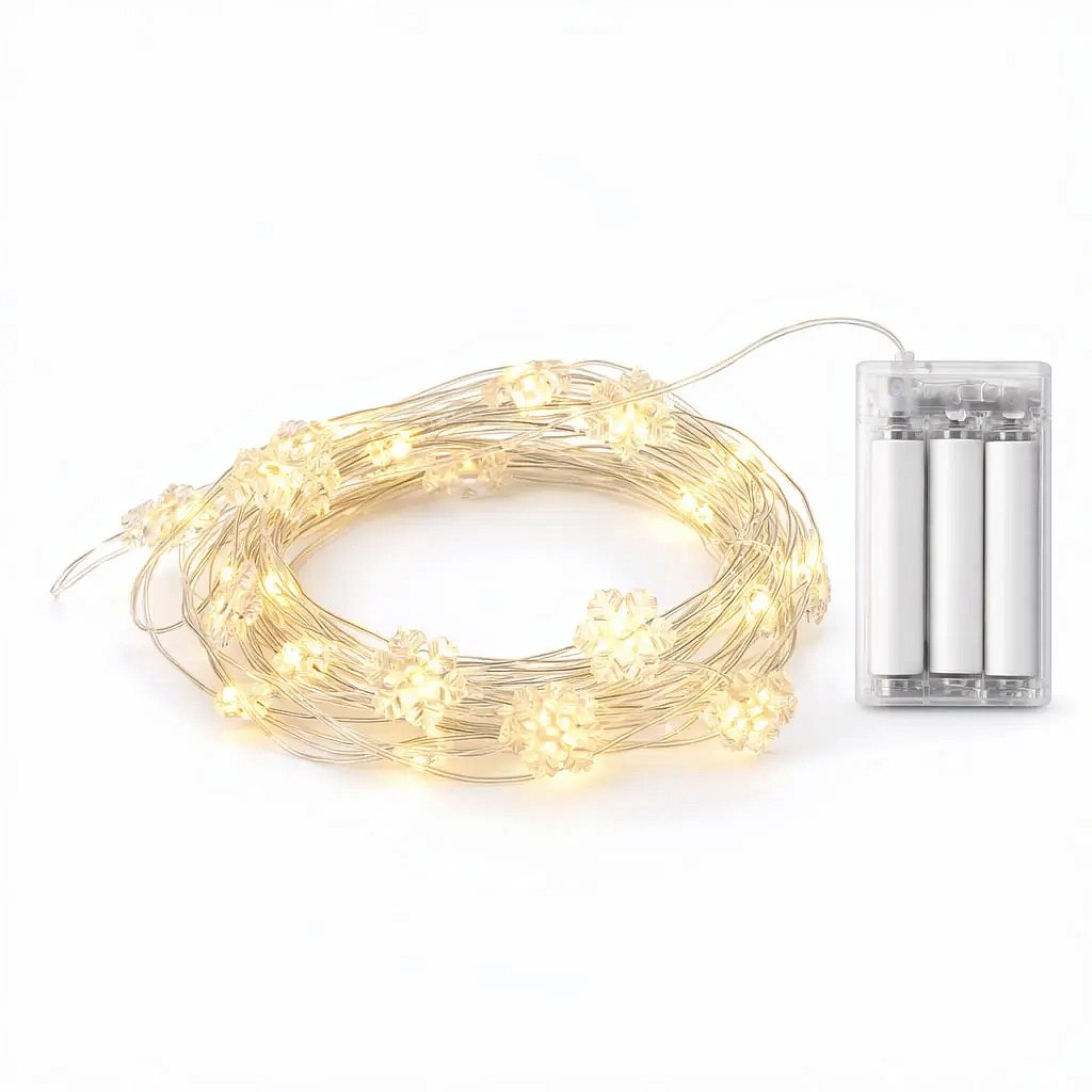 Guirlande lumineuse LED à piles, flocons, 2,3 m, blanc chaud, 20 LED, fil, IP20 (intérieur), 2 × AA