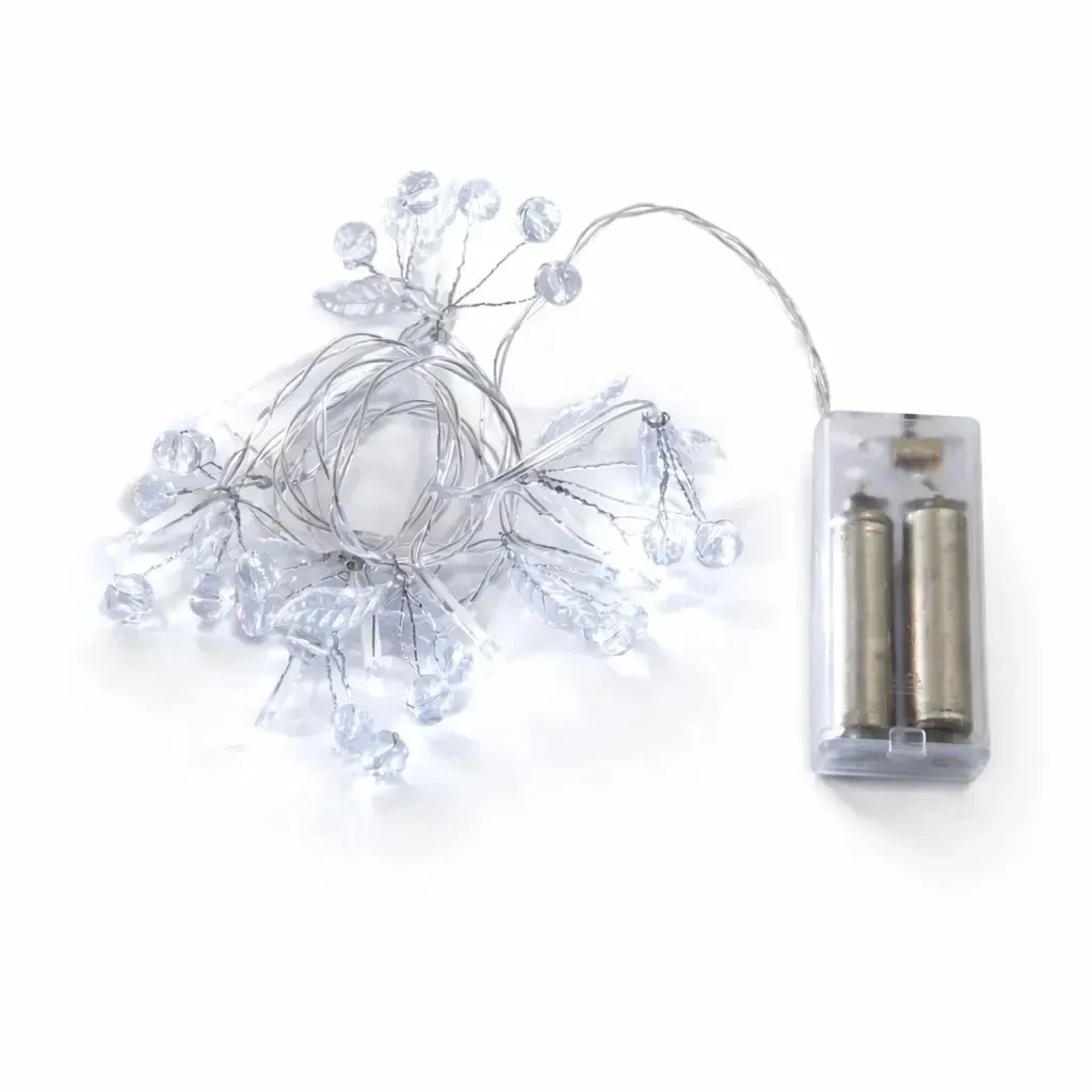 Guirlande lumineuse LED à piles, strass, 1,3 m, blanc glacé, 10 diodes, câble transparent, IP20 (intérieur), 2 × AA