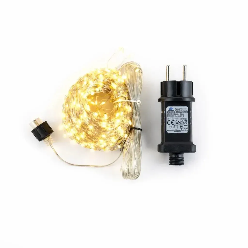 Guirlande lumineuse LED, gouttelettes, d'extérieur, 20 brins × 3 m, blanc chaud, 600 LED, câble argenté, IP44, transformateur inclus
