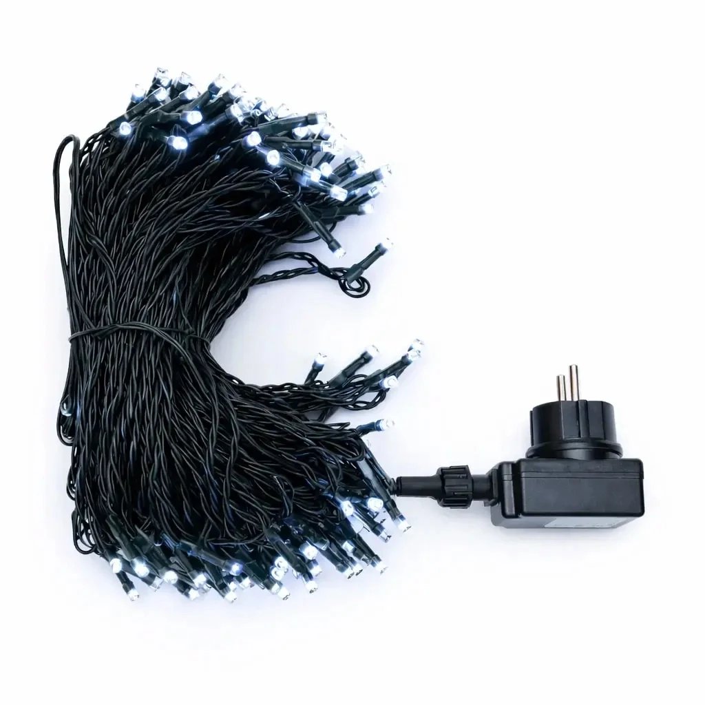 Guirlande lumineuse LED, d'extérieur, 40 m, blanc glacé, 200 LED, câble noir, IP44, bloc d'alimentation inclus